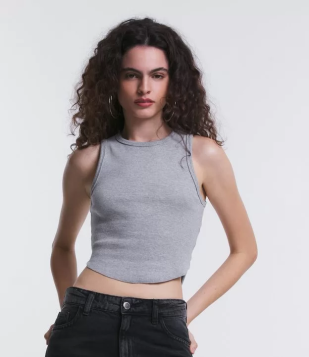 Blusa Sem Manga Em Ribana Com Barra Arredondada Cinza