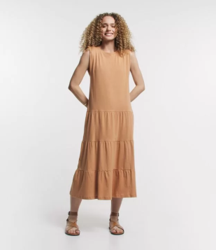 Vestido Longo Em Algodão Com Manga Muscle Tee E Recortes Na Saia Marrom