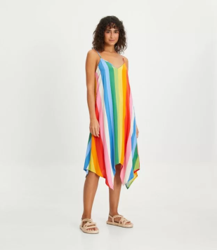 Vestido Midi Em Viscose Com Pontas E Estampa Listrada Multicores