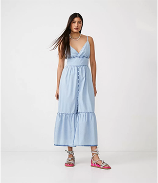 Vestido Midi De Alça Em Jeans Com Lastex E Barra Franzida Azul