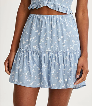 Short Saia Em Viscose Com Babadinho E Estampa Floral Contrastante Azul