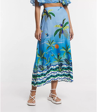 Saia New Midi Em Viscose Degrade Com Estampa Tropical Azul