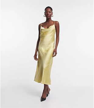 Vestido Slip Dress Em Tecido Acetinado Com Decote Degagê Amarelo