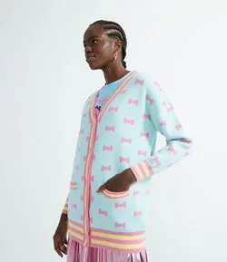 Cardigan Alongado em Tricô Estampa Lacinhos