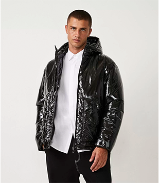 Jaqueta Puffer Com Capuz E Bolsos Com Zíper Preto