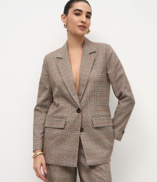 Blazer Oversized em Alfaiataria com Estampa Xadrez Cinza