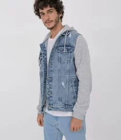 Jaqueta Jeans com Mangas e Capuz em Moletom