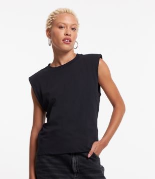 Blusa sem Manga em Meia Malha com Ombreiras Preto