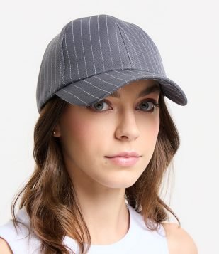 Boné Aba Curva em Sarja com Estampa Risca de Giz Cinza