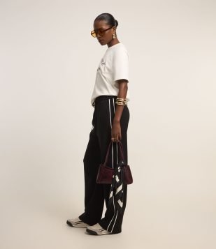 Calça Pantalona Cintura Alta em Crepe com Contraste Preto