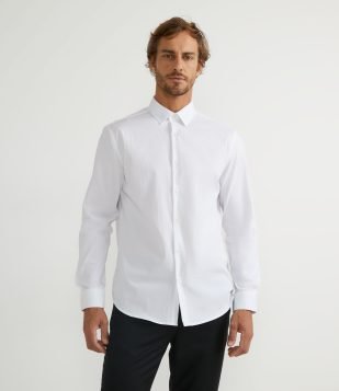 Camisa Regular Social em Algodão com Textura de Listras Branco