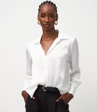 Camisa em Cetim com Recortes e Caimento Leve Branco Neve