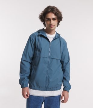 Jaqueta Corta Vento com Capuz e Recorte Azul