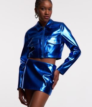 Jaqueta Curta em PU Metalizado e Bolsos Frontais Azul