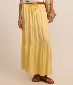 Saia Evasê Longa em Viscose com Babados e Cós Elástico Amarelo