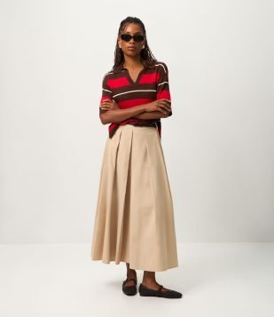 Saia Midi com Pregas Frontais e Cinto Fino Bege