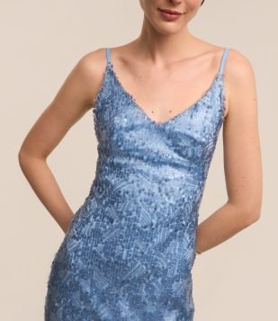 Vestido Midi em Paetê com Zíper nas Costas e Texturas Azul