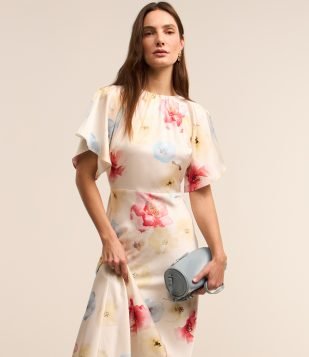 Vestido Midi em Tecido Acetinado com Estampa Floral Branco Neve