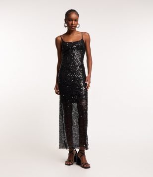Vestido New Midi em Paetê Metalizado e Forro Preto