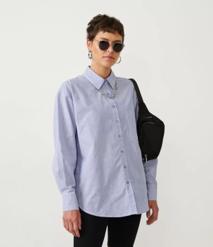 Camisa Alongada Em Tricoline Listrado Com Manga Longa Azul
