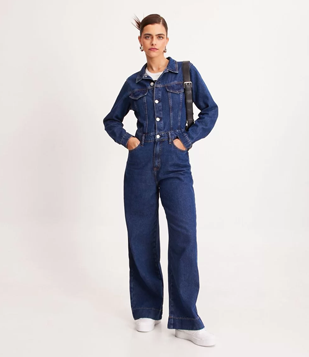 Macacão Wide Leg Jeans Com Gola Lapela E Abotoamento Frontal Azul