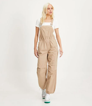 Macacão Longo Parachute Em Sarja Com Bolso Frontal Bege