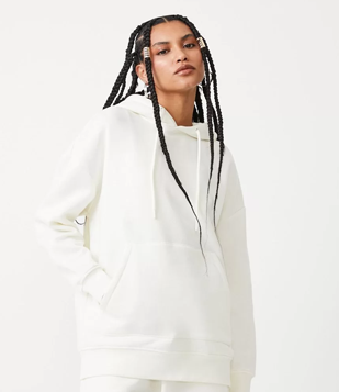 Blusão Alongado Em Moletom Apeluciado Com Capuz E Bolso Canguru Off White