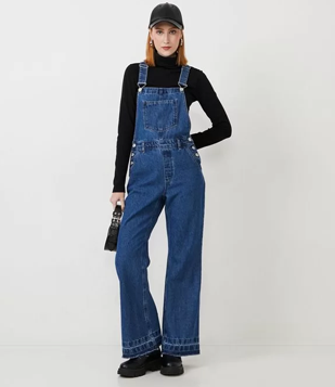 Macacão Wide Leg Em Jeans Com Bolsos E Botões Azul
