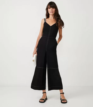 Macacão Pantacourt Longo Em Linho Com Alças Largas Preto