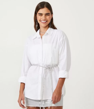 Camisa Alongada Em Tricoline Com Manga Longa Branco Neve