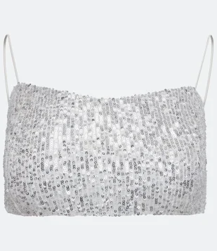 Blusa Cropped De Alça Em Malha Paetê Cinza