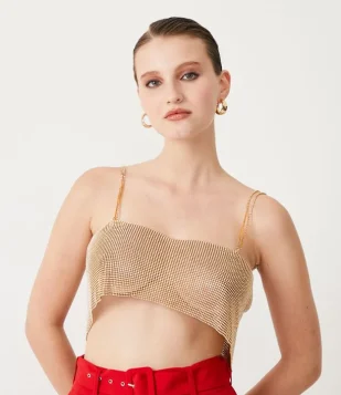 Blusa Regata Cropped Em Strass Com Alças Duplas Dourado
