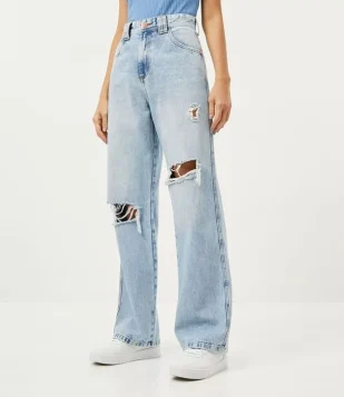 Calça Anos 90 Jeans com Puídos Azul