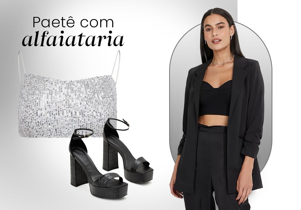 Mulher vestindo um cropped preto, blazer preto e uma calça preta. Ao lado um sandália de salto preta e uma bolsa prata com brilho.