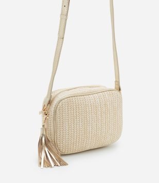 Bolsa Câmera Bag Pequena com Tassel e Efeito Palha Dourado