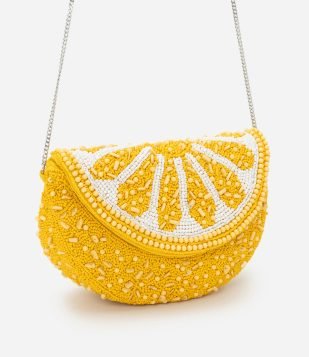 Bolsa Clutch Pequena Estampa Diferenciada Bordada com Miçangas Amarelo