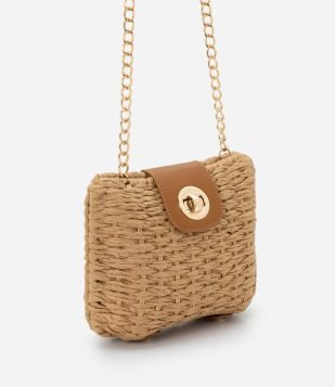 Bolsa Clutch em Ráfia com Alça Corrente e Lingueta Bege