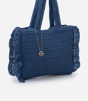 Bolsa de Praia Grande com Babados Laterais e Pingente Azul