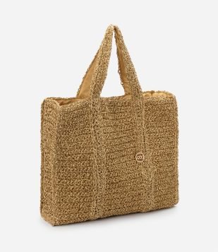 Bolsa de Praia Grande com Textura Crochê e Alças Médias Bege