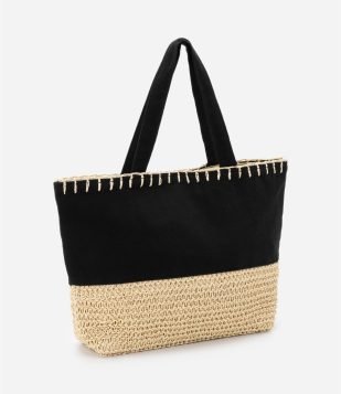 Bolsa de Praia em Palha com Lona e Pespontos Preto-Bege
