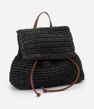 Mochila de Praia com Efeito Trançado com Alças e Detalhes em PU Preto