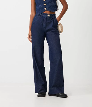 Calça Wide Leg Jeans com Botão Brasão Azul 