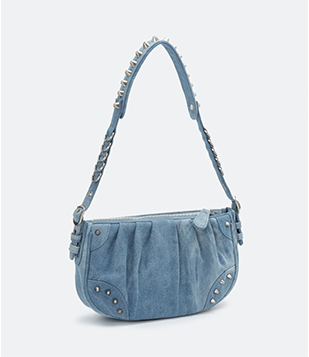 Bolsa Baguete Pequena com Detalhe na Alça e Fechamento em Zíper Azul 