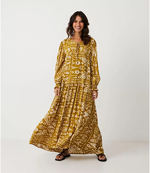 Vestido New Midi em Viscolinho com Lastex e Estampa Étnica Amarelo