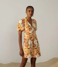 Vestido Curto em Viscolinho com Estampa Bahia e Manga Curta Bufante