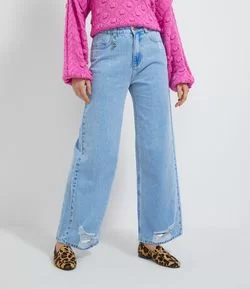 Calça Wide Leg Jeans com Pingente de Olho Grego