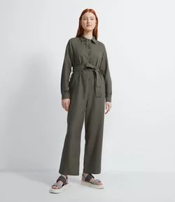 Macacão Longo em Algodão Com Botões e Cinto Faixa Pespontado