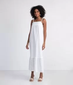 Vestido Longo em Algodão com Alça Trançada e Detalhes em Laise