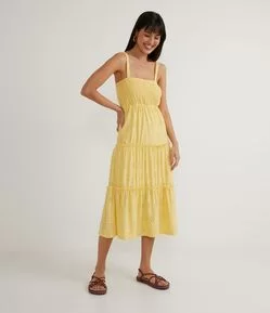 Vestido Midi em Laise com Babado e Alça Fina