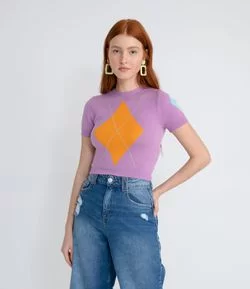 Blusa Manga Curta em Tricô com Estampa